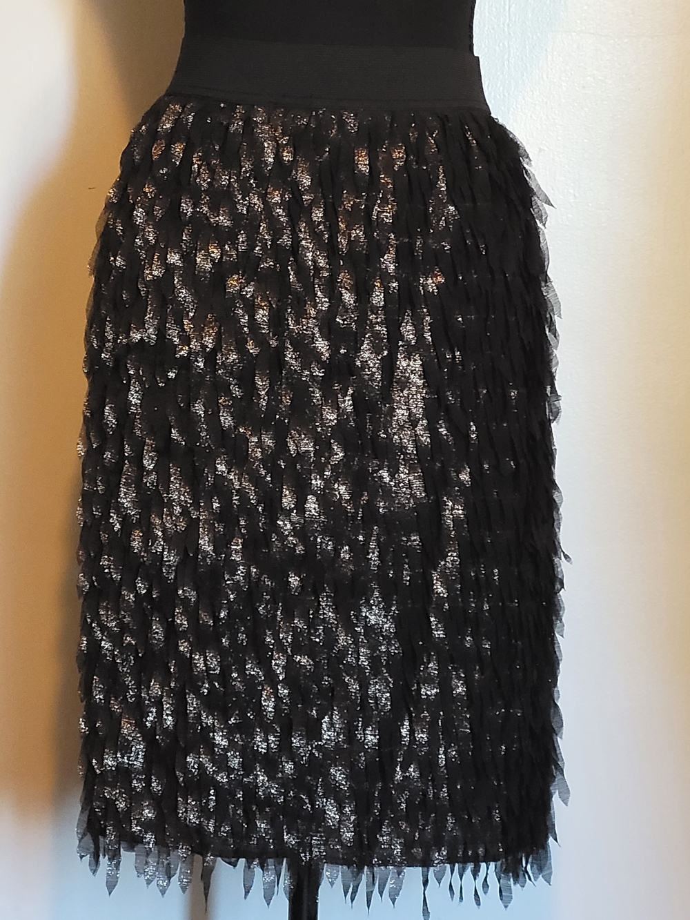 Worthington L Black Metallic Fringe Midi Skirt Sparkle Layered Party Cocktail